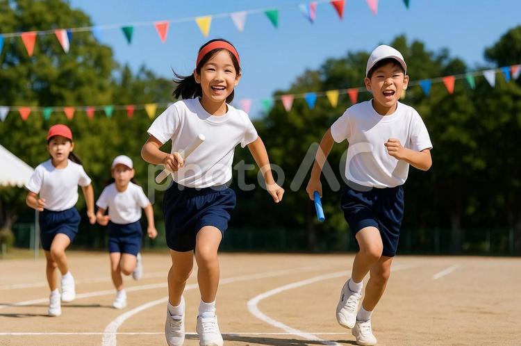 運動会でリレーを走る子供たち・小学生 運動会,リレー,子供の写真素材