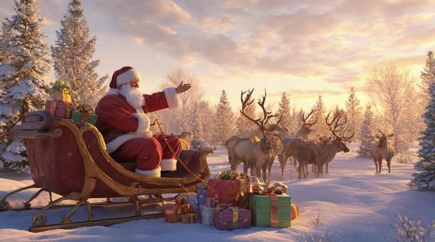 サンタとトナカイの雪景色・クリスマス サンタとトナカイの雪景色・クリスマスの写真