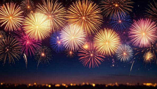 たくさんのカラフルな打ち上げ花火の夜景 たくさんのカラフルな打ち上げ花火の夜景の写真