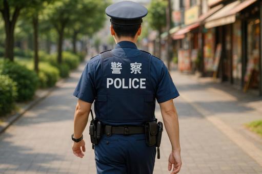 パトロール中の警察官の背中 パトロール中の警察官の背中の写真