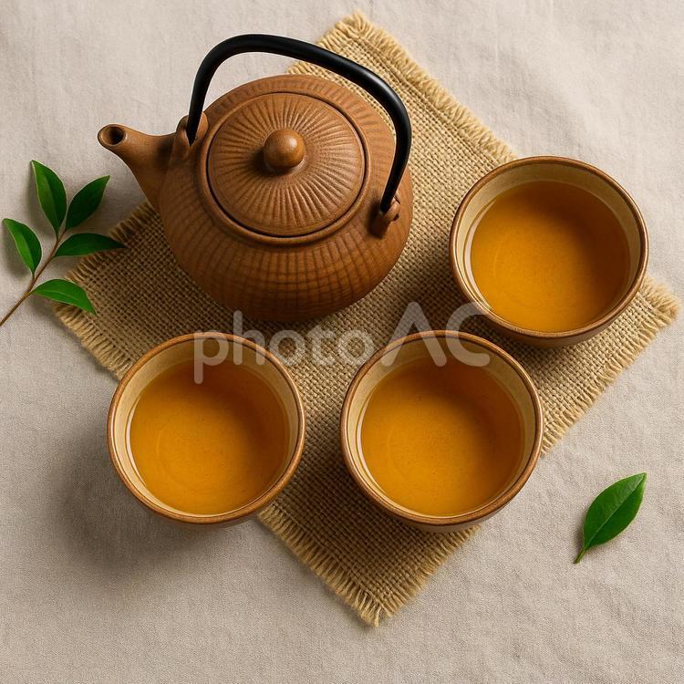 茶器と三つの茶碗 茶器,急須,茶碗の写真素材