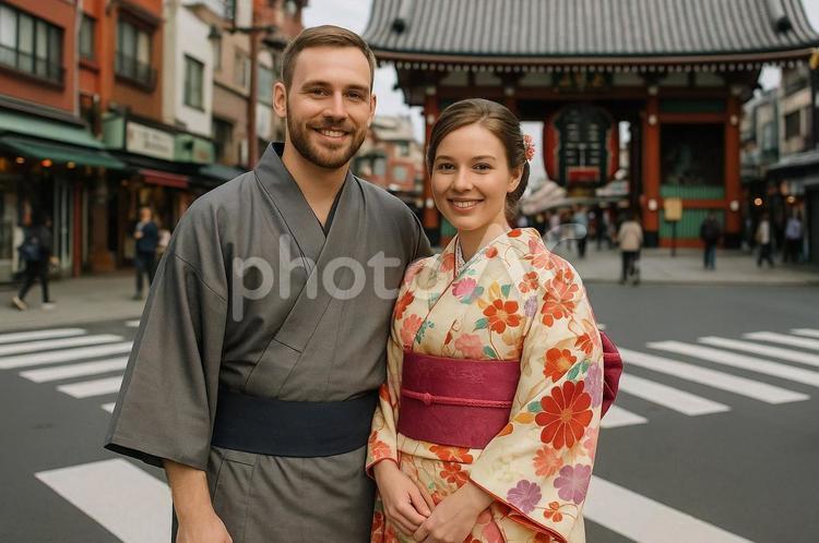着物を着て浅草で撮影する外国人カップル 観光,円安,物価の写真素材