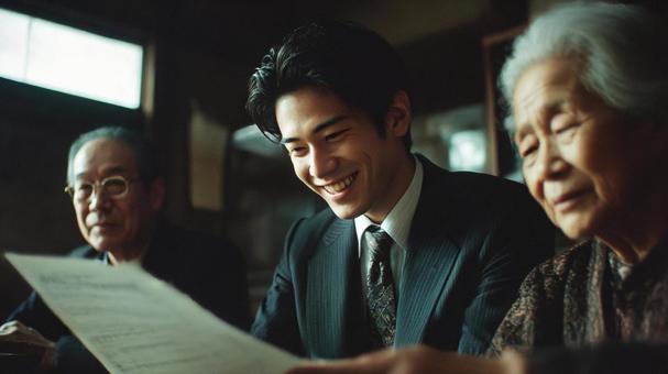 不気味な笑顔を浮かべる詐欺師と老女2 不気味な笑顔を浮かべる詐欺師と老女2の写真