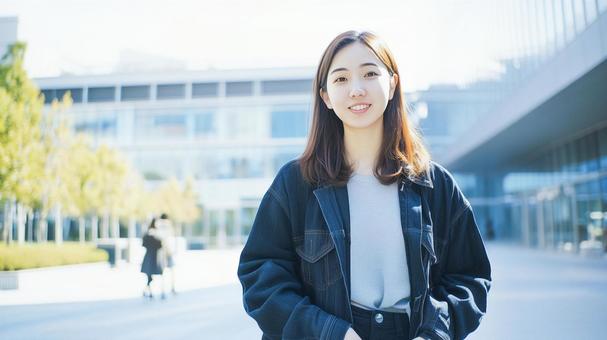 大学のキャンパスに立つ私服の女子学生 大学のキャンパスに立つ私服の女子学生の写真