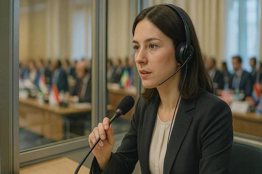国際会議のブースで同時通訳中の女性 国際会議のブースで同時通訳中の女性の写真