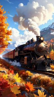 秋の紅葉とスチームパンクな列車 秋の紅葉とスチームパンクな列車の写真