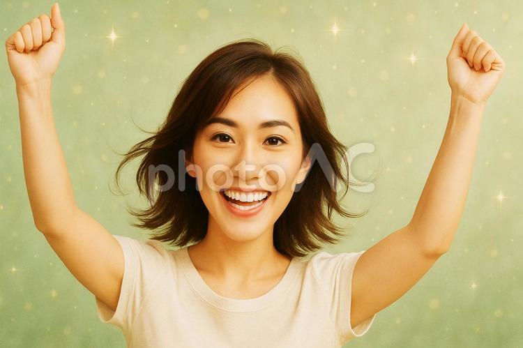 笑顔の女性が両手を挙げて喜ぶ表情3 笑顔,女性,両手の写真素材