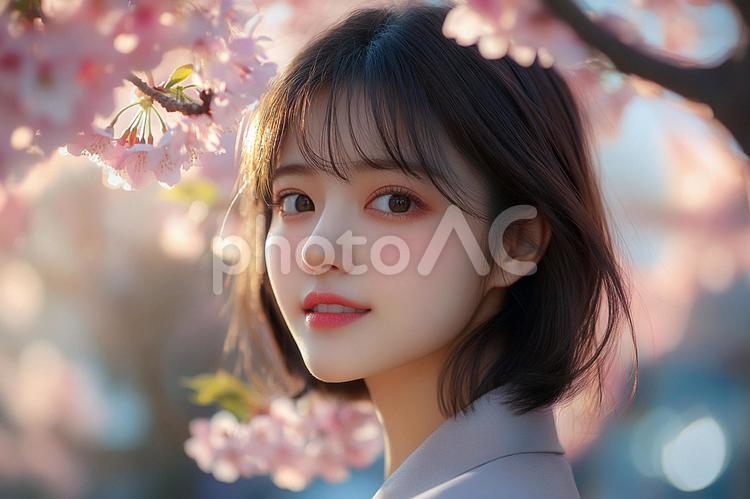 桜の下の新社会人女性ビジネスウーマン 女性,桜,ビジネスウーマンの写真素材