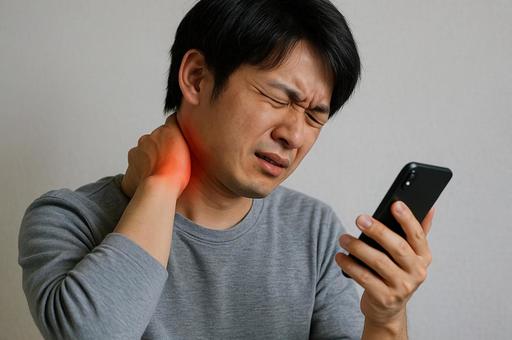 首に痛みを感じる男性 首に痛みを感じる男性の写真
