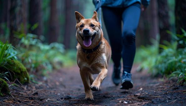清々しい空気の森を笑顔で走る犬と飼い主 清々しい空気の森を笑顔で走る犬と飼い主の写真