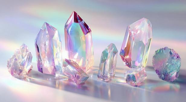 神秘的な光を放つカラフルな結晶 神秘的な光を放つカラフルな結晶の写真