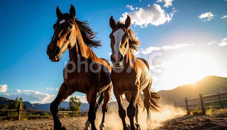 牧場を走る馬 馬,柵,家畜の写真素材