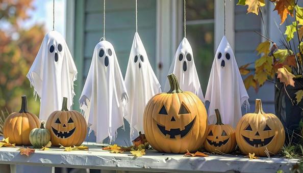 ハロウィンお化けの飾りとカボチャ ハロウィンお化けの飾りとカボチャの写真