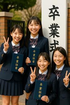 校門で友達と卒業証書を持って記念写真 校門で友達と卒業証書を持って記念写真の写真