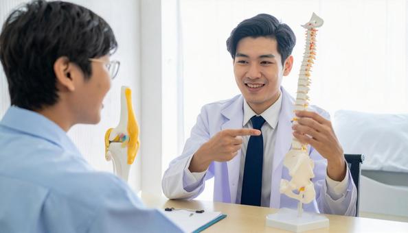 メディカル 骨の模型を見せ説明する整体師 メディカル 骨の模型を見せ説明する整体師の写真