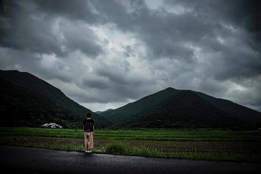 <素材>稲が刈り取られた田を眺める女性 <素材>稲が刈り取られた田を眺める女性 女性,田んぼ,田の写真素材