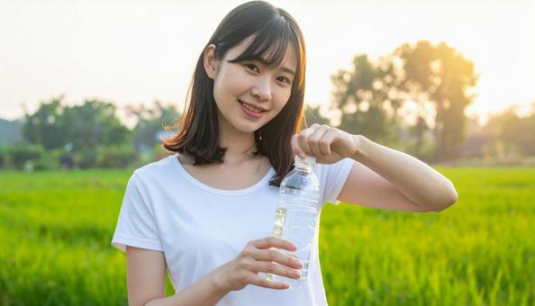 ペットボトルの水のふたをあける女性 ペットボトルの水のふたをあける女性の写真
