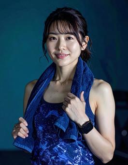 ジムでタオルを首にかけた女性の写真