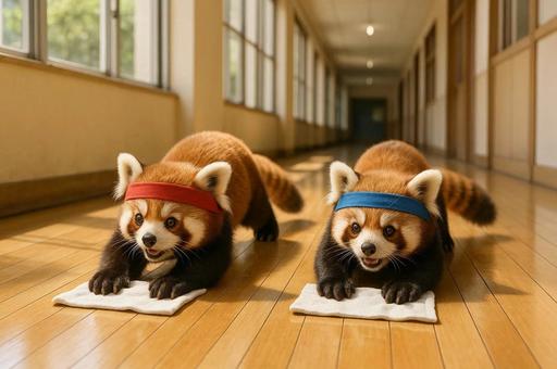 学校の廊下を雑巾掛けするレッサーパンダ 学校の廊下を雑巾掛けするレッサーパンダの写真