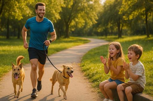 犬と走る父親と子供 犬と走る父親と子供の写真