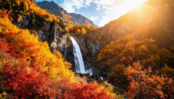 秋の紅葉に囲まれた滝の写真 秋の紅葉に囲まれた滝の写真の写真