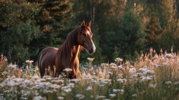 夕暮れの草原に立つ一頭の馬 夕暮れの草原に立つ一頭の馬の写真
