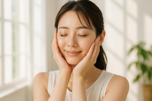 基礎化粧品が浸透するのを実感する女性 基礎化粧品が浸透するのを実感する女性の写真
