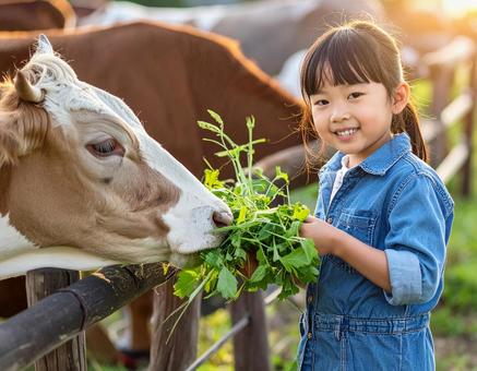 AI 茶色の牛に草をあげる少女 牧場 AI 茶色の牛に草をあげる少女 牧場の写真