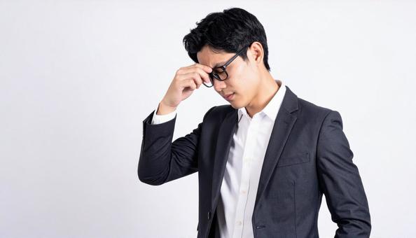 ビジネスイメージ うつむき悩む日本人男性 ビジネスイメージ うつむき悩む日本人男性の写真