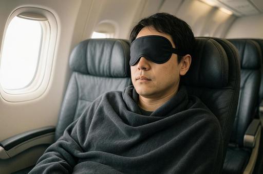 機内でアイマスクをして眠る男性の写真
