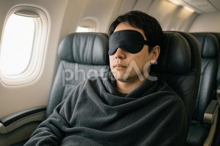 機内でアイマスクをして眠る男性 ai生成,人物,男性の写真素材