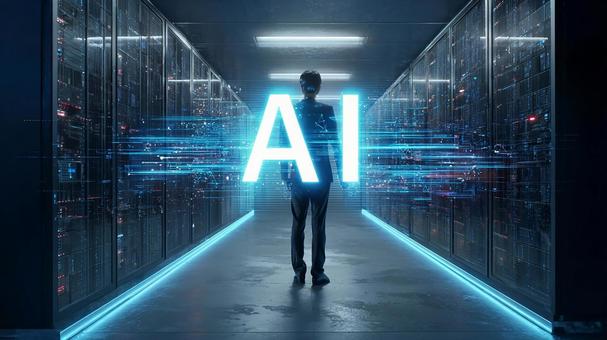 巨大なサーバー室の中心でAIを掴む人の写真