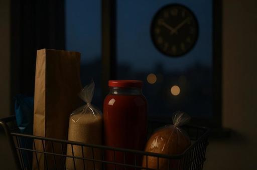 夜の買い物かごと食料品ストック・節約生活 夜の買い物かごと食料品ストック・節約生活の写真