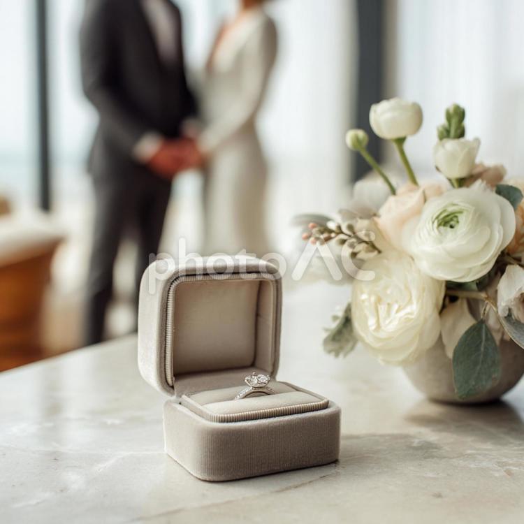 永遠の愛を象徴する婚約指輪とブーケ 婚約指輪,結婚指輪,プロポーズの写真素材