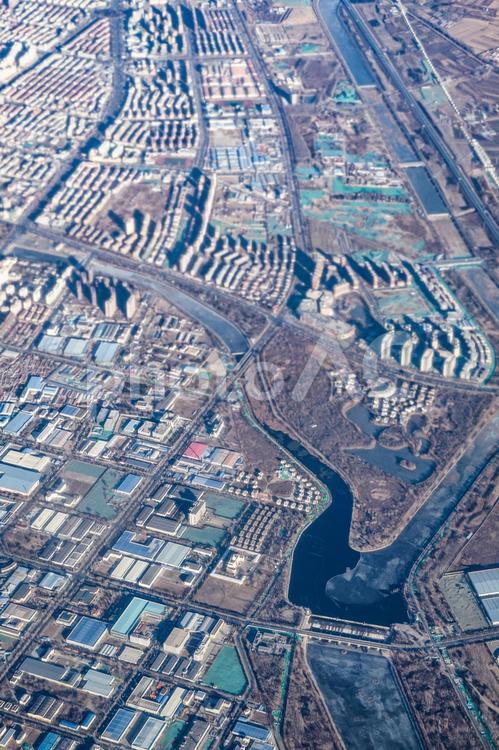 飛行機から見える中国の街並み 中国,街並み,空撮の写真素材