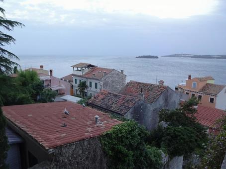クロアチア　海辺の町 クロアチア,街並み,カモメの写真素材