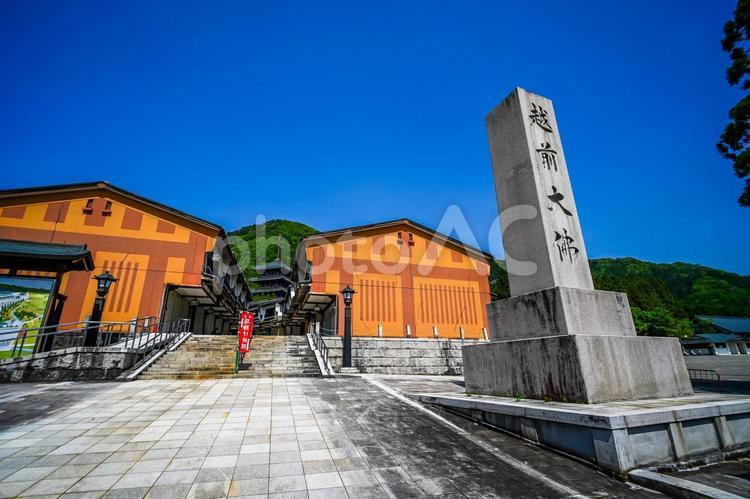 越前大仏の石標と参道 福井県勝山市 越前大仏,石標,青空の写真素材