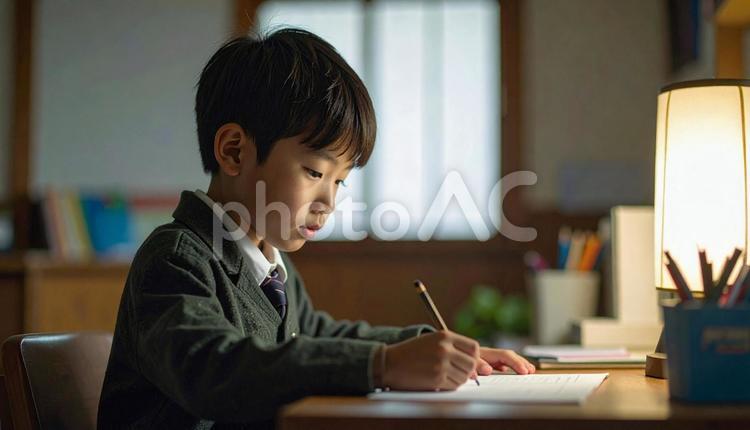 自宅の勉強机で勉強する男の子 横顔,真剣,学生の写真素材