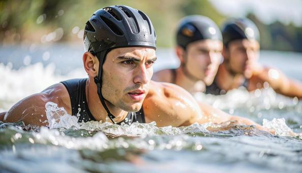 トライアスロン 一斉に水に飛び込む選手 トライアスロン 一斉に水に飛び込む選手の写真