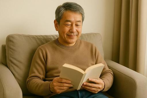 Senior man reading a book on the sofa, senior male, reading, sofa, JPG
