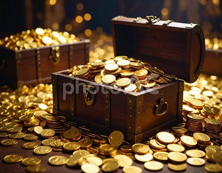 宝箱から溢れる金のコイン02 宝箱,宝,冒険の写真素材