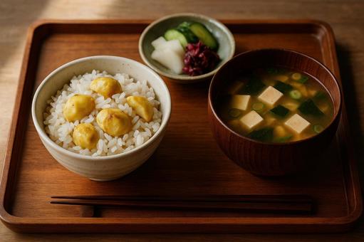栗ご飯と味噌汁 栗ご飯と味噌汁の写真