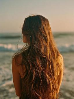 穏やかな波打ち際で夕日を眺める女性 穏やかな波打ち際で夕日を眺める女性の写真
