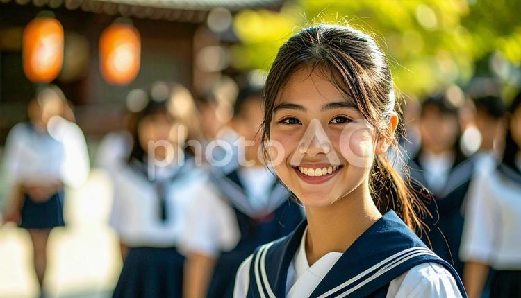 学校に通うセーラー服姿の女の子 セーラー服,校門,女学生の写真素材