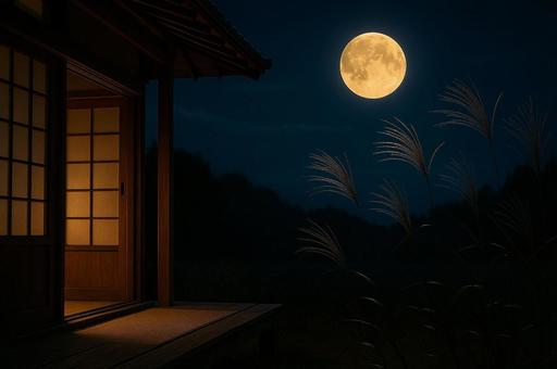 縁側と満月・ススキ 縁側と満月・ススキの写真