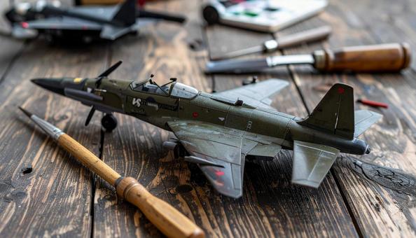 木のテーブルの上の古い戦闘機のプラモデル 木のテーブルの上の古い戦闘機のプラモデルの写真