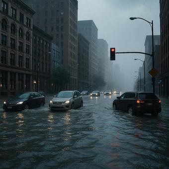 大雨で冠水した都市の道路(交通混乱) 大雨で冠水した都市の道路(交通混乱)の写真