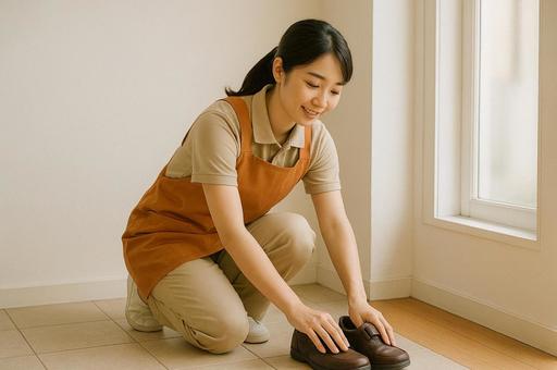高齢者の靴を整える介護士 高齢者の靴を整える介護士の写真