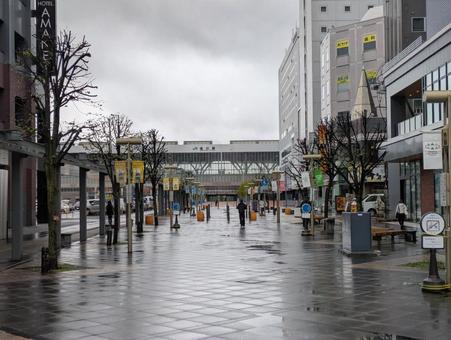 旭川買い物公園通りと旭川駅 濡れた,旭川駅,旭川買い物公園通りの写真素材
