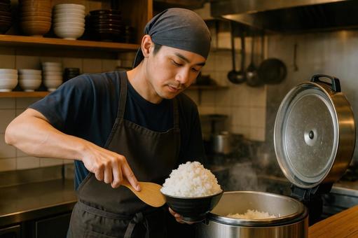 定食屋の厨房で大盛りご飯をよそう店員 定食屋の厨房で大盛りご飯をよそう店員の写真